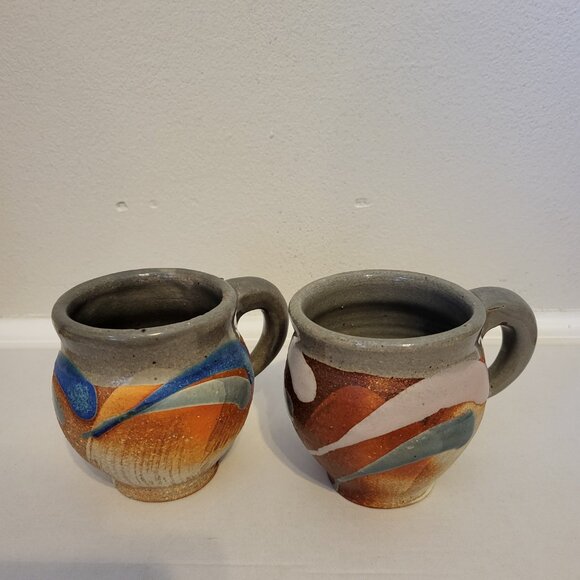 Lot oF 2 SP Pottery Hand Made Tea Coffee Mug Gray Rust Blue Wheel Thrown Boho - Picture 1 of 11